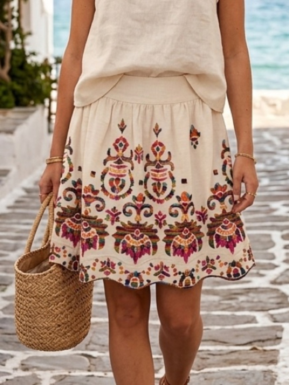 Dea Kudibal Copenhagen 100% Linen Embroidered Scalloped Midi Skirt Cream Sz S